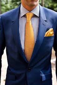 Blue suit, gold tie and pocket square. Groomsman Attire, Grooms Suits, Style College, Yellow Tie, Orange Wedding, Groomsmen Attire, Groom Wear, Wedding Suit