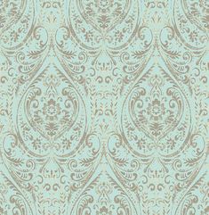 a blue and beige wallpaper with an ornate design on it's surface,