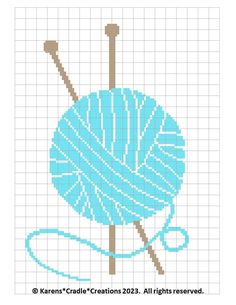 a blue ball of yarn and two knitting needles on a gridded graph paper with the words knitter's cradle creations 2012 all rights reserved