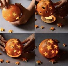 four pictures showing how to make an orange with stars on it