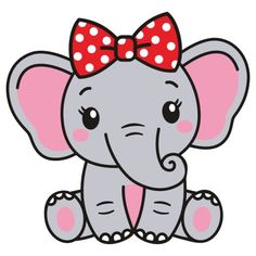 an elephant with a bow on its head sitting down in front of a white background