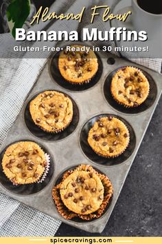 banana muffins in a muffin tin with text overlay reading almond flour banana muffins gluten free ready in 30 minutes