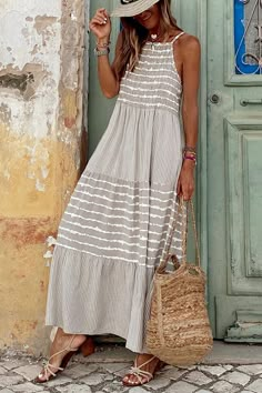 Striped Casual Dresses, Beach Holiday Dresses, A Line Maxi Dress, Maxi Dress Outfit, Long Beach Dress, Summer Rose, Sling Dress, Maxi Robes, Striped Maxi