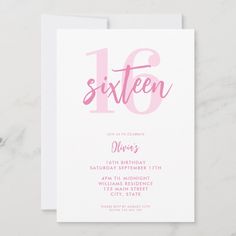 a pink and white birthday party card with the number sixteen on it's front