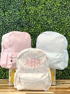 Floral Gingham Backpack with Monogram - Pink Blue Khaki   Bookbag - Back to School Set Personalized Gingham Bags For Travel And Back To School, Back To School Travel Bags In Gingham, Travel Backpack In Gingham, Back To School Gingham Backpack For Everyday Use, Gingham Backpack For Everyday Use And Back To School, Love Shack Fancy Backpack, Preppy Gingham School Bag, Gingham School Bag For Back To School, Gingham Backpack For Travel And School