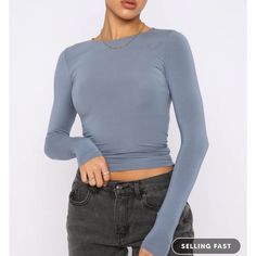 P2 Description Blue Is What You Will Receive *** The Only For Tonight Long Sleeve Top In Steel Is The Basic Your Wardrobe Is Waiting For. This Top Is Fitted With Long Sleeves And Soft, Stretch Jersey Fabric. Pair With Your Favourite Pair Of White Fox Denim Jeans And Gold Hoops For An Elevated Everyday Look! - 95% Modal 5% Spandex Basic Crop Tops, Bodycon Shirt, Vintage Bustier, Top Streetwear, Bottoming Shirt, Cropped Tops, Basic Long Sleeve, Solid Clothes, Pullover Shirt