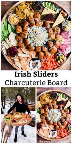 a collage of pictures showing different types of food on a platter, including meats and cheeses