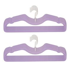 two purple plastic hangers with metal clips