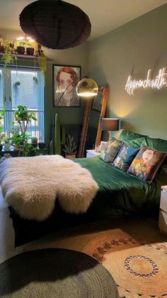 a bed room with a neatly made bed next to a window and potted plants