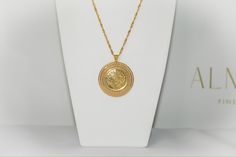 20.38 grams 18” chain 2” pendant Luxury Large Pendant Necklace For Anniversary, Large Pendant Snake Chain Necklaces For Gifts, Yellow Gold Medallion Chain Necklace, Luxury Medallion Necklace For Formal Occasions, Gold Plated Engraved Round Pendant Chain Necklace, Gold Plated Engraved Round Pendant Necklace, Engraved Pendant Chain Necklace For Anniversary, Formal Jewelry With Round Pendant Chain, Formal Round Pendant Chain Necklace