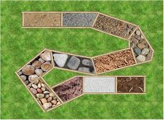 an arrangement of rocks and gravel arranged in a rectangle on green grass with text overlay