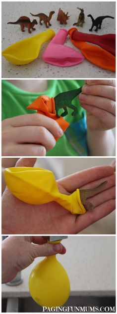 three pictures of different types of toys in the process of being made with plastic dinosaurs