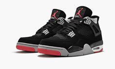 This Air Jordan 4 “Bred” is the 2019 retro of the iconic colorway of Michael Jordan’s fourth signature shoe.  The famous black and red version of the Jordan 4 returned in the spring of 2019 with its original “Nike Air” branding on the heel for the first time since its first retro release in 1999.  Now 20 years after that first retro and 30 years after its initial 1989 release, the “Bred” Air Jordan 4 looks just as outstanding as ever.  This true-to-OG retro features a black Durabuck (synthetic n Air Jordan 4 Bred, Jordan 4 Retro Bred, Jordan 4 Bred, Nike X Travis Scott, Jordan 4 Black