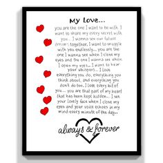 a framed print with the words always and forever written in red hearts on white paper