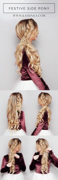 Festive Side Ponytail Hair Tutorial Party Hair Tutorial, Hair Braid Crown Tutorial, Diy Bandana, Side Braid Ponytail, Holiday Party Hair, Braided Crown Hairstyles, Braided Hair Tutorial, Wedding Braids