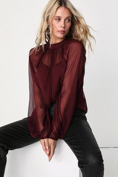 You'll be channeling lighter-than-air sweetness when you've got the Lulus Angelically Airy Burgundy Balloon Sleeve Top! Sheer and lightweight crinkle-woven chiffon shapes this floaty top that has long balloon sleeves (with elastic at the cuffs) that frame a bodice with a rounded neckline and a keyhole at the back that secures with twin loop-button closures. Fit: This garment fits true to size. Length: Above mid-thigh. Size medium measures 25" from shoulder to hem. Bust: Great for any cup size. W Burgundy And Gold Outfit, Burgundy Shirt Outfit, Burgundy Top Outfit, Holy Girl, Recruitment Outfits, Cute Blazers, Burgundy Blouse, Burgundy Fashion, Lake Cabin