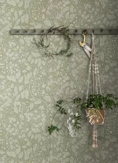 two plants are hanging on a wall with hooks and string attached to it, in front of a floral patterned wallpaper