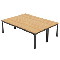 a wooden table with metal legs on a white background