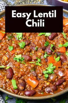 easy lentil chili with carrots and cilantro in a bowl on a table