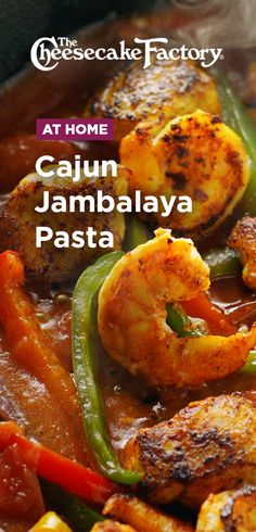 some food that is in a pan on a table with the words at home cajun jambajaa pasta