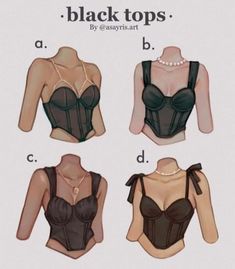 four different types of bras are shown in three different colors and sizes, one is black