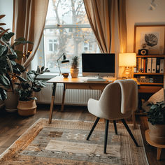 a desk with a computer, chair and potted plants in front of a window