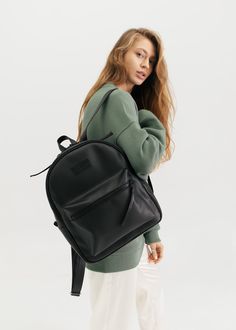 "Black backpack for women is designed for the people who need a backpack that's as much a fashion flex as it is a useful carry backpack. Minimalist backpack will reflect your classics style. ✔️ Handmade ✔️ 100% vegan  ✔️ Eco leather, only organic materials ✔️ Unique design ✔️ Add personalization if you want HIGHLIGHTS: ✔️ Adjustable shoulder straps ✔️ External zip pocket ✔️ Inner utility pockets for smaller items (for phone, keys, lipstick etc.) Need something smaller? See our design fanny pack Backpack Model Photoshoot, Backpack Photoshoot Ideas, Person Wearing Backpack, Person With Backpack, Backpack Pose, Backpack Photoshoot, Girl With Backpack, Backpack Minimalist, Backpack For Work