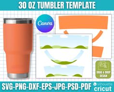 the tumbler cup is next to an image of a piece of paper that says,'30oz tumbler template for svg - png