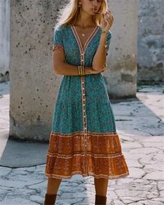 Romantic Dresses, Look Boho Chic, Boho Styl, Boho Midi Dress, Midi Sundress, Mode Casual, Ethnic Dress, Floral Print Midi Dress, Looks Chic