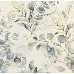 a painting of leaves and flowers on a white background with blue watercolors in the foreground