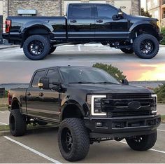 there are two pictures of the same truck in front of a building and one is black