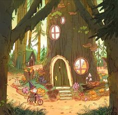 a cartoon house in the woods surrounded by trees and other things to see on it