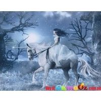 a woman riding on the back of a white horse in a snowy forest at night