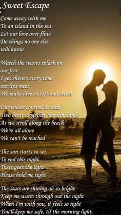 a couple kissing on the beach at sunset with an poem written in front of them