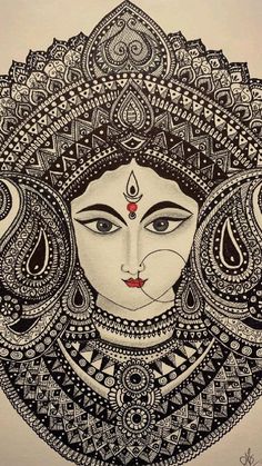 a drawing of a woman's face in black and white with intricate designs on it