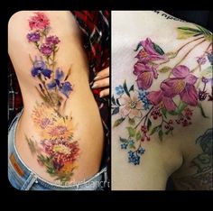 two pictures one with flowers and the other with watercolors on her back side