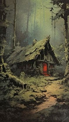 a painting of a cabin in the woods with red light coming from it's door