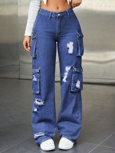 Women's Cargo Pockets Ripped Denim Jeans Dark Wash    Denim Plain Wide Leg Non-Stretch  Women Clothing, size features are:Bust: ,Length: ,Sleeve Length: Fancy Pants Outfit, Korean Tips, Adrette Outfits, Birthday Plans, Moda Denim, Denim Jeans Ripped, Christmas Board, Shein Icon, Cute Dress Outfits