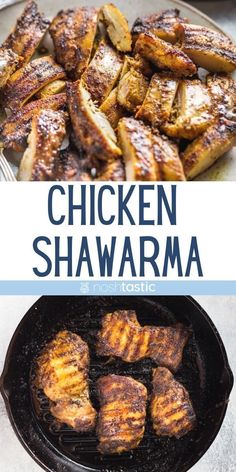 chicken shawarma on a grill with the words chicken shawarma above it