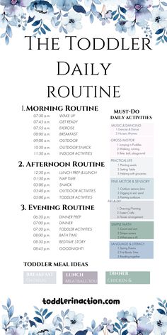 the toddler daily routine is shown in blue and white flowers with text on it