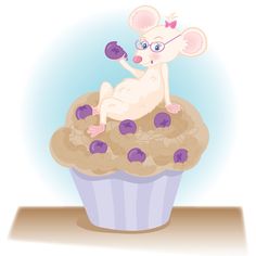 a cartoon mouse sitting on top of a cupcake