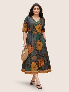 Floral Shirred Lantern Sleeve Midi Dress Plus Size Fall Wedding Guest, Wedding Guest Dresses For Fall, Dresses For Fall, Plus Size Wedding Guest Dresses, Emerald Style, Fall Wedding Guest Dress, Shirred Dress, Wedding Attire Guest, Wedding Guest Dresses