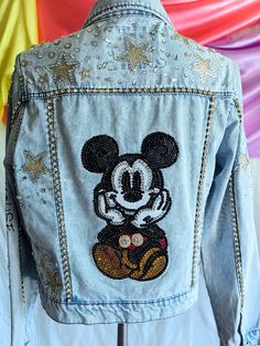 One Of A Kind Embellished Denim Jacket  -Size XL Junior -Denim  -Studs -Rhinestones  -3D Embelleshed -Sweett Denim Disney Jacket, Disney Painted Jean Jacket, Rhinestone Denim Jacket, Painting Clothes, Light Blue Denim Jacket, Disney Fits, Rhinestone Denim, Long Denim Jacket, Disney Jacket