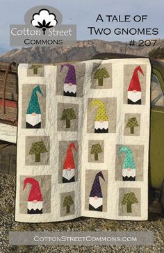 a quilt made to look like gnomes on the side of a truck with text overlay