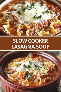 two pictures showing different types of lasagna soup