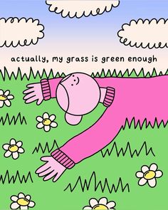 a cartoon drawing of a person laying in the grass with their arms stretched out and head down