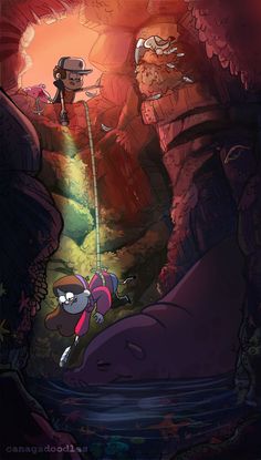 an animated scene with two people climbing up the side of a mountain, and another person standing