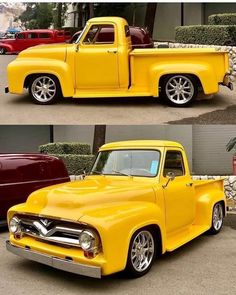 an old yellow pickup truck with chrome rims parked in front of a red car