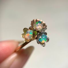 Nature-inspired Opal Ring Gift, Spiritual Opal Ring For Healing, Colorful Fire, Botanical Ring, Raw Gemstone Ring, Brass Band, Halogen Lamp, Butterfly Jewelry, Opal Stone