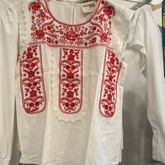 Gorgeous New. Favorite Cotton And Rayon Tts. Red Bohemian Crew Neck Blouse, Red Long Sleeve Cotton Embroidered Top, Red Crew Neck Blouse With Floral Embroidery, White Fitted Folk Top, Fitted Folk White Top, Red Folk Tops With Floral Embroidery, Fitted White Folk Top, White Fitted Folk Style Top, Fitted White Folk Style Top